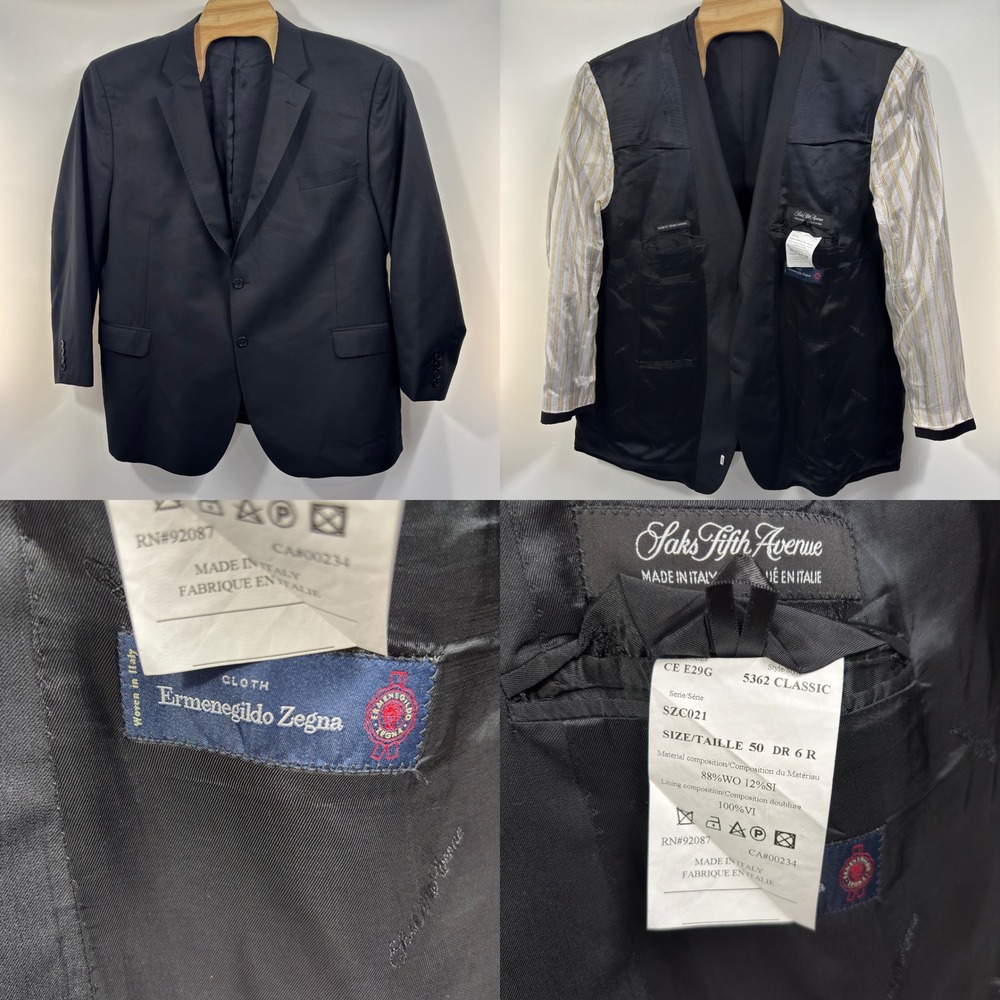 Zegna Cloth Saks Fifth Avenue 50R Black Wool Silk Sport Coat Made in Italy